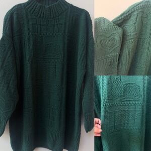 Vintage Womens Whimsical Knit Sweater Cats Hearts Bows Cottagecore Green Size L